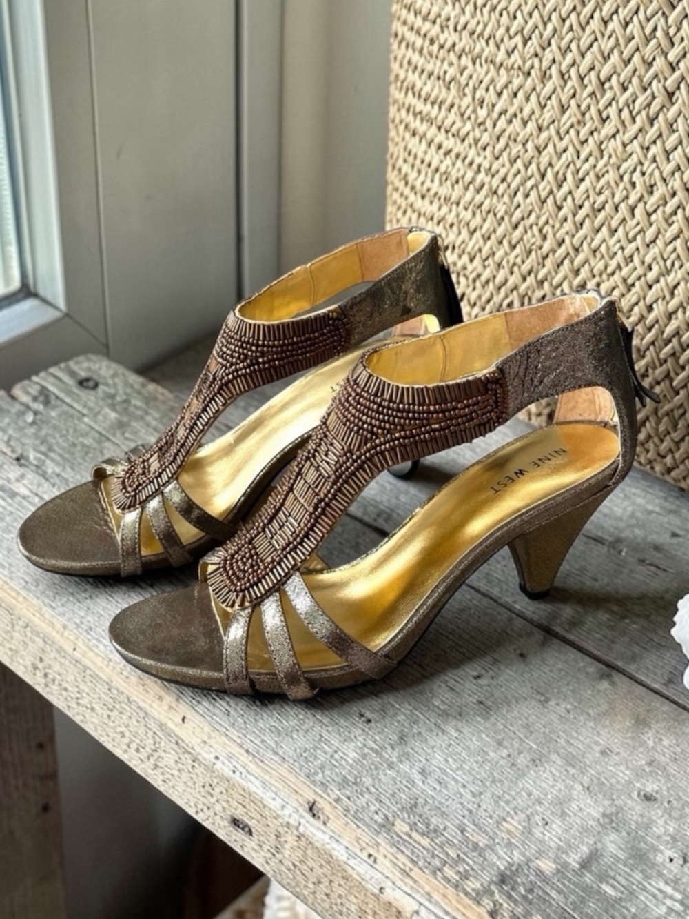 Nine West Brown and Gold Metallic Beaded Sandals